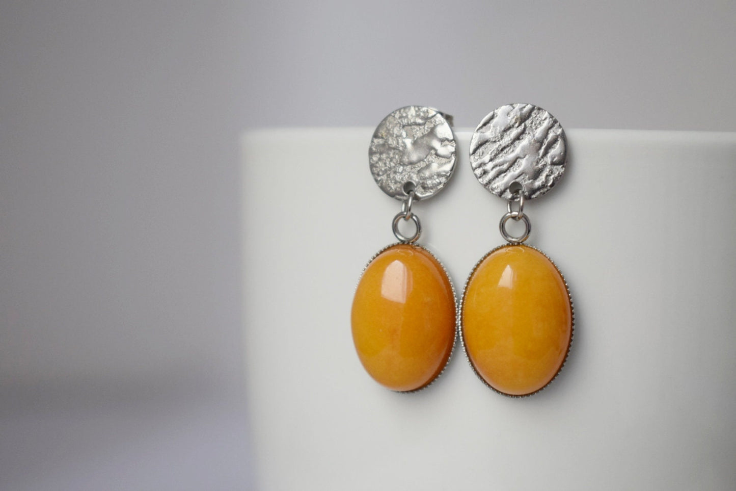 Yellow jade stud earrings, Oval gemstone hanging earrings, Yellow silver earrings, Stainless steel, Statement earrings, Jewelry gift for her