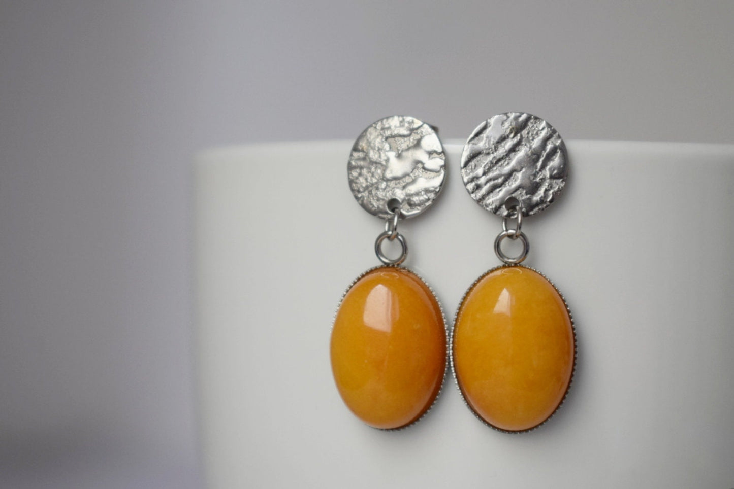 Yellow jade stud earrings, Oval gemstone hanging earrings, Yellow silver earrings, Stainless steel, Statement earrings, Jewelry gift for her