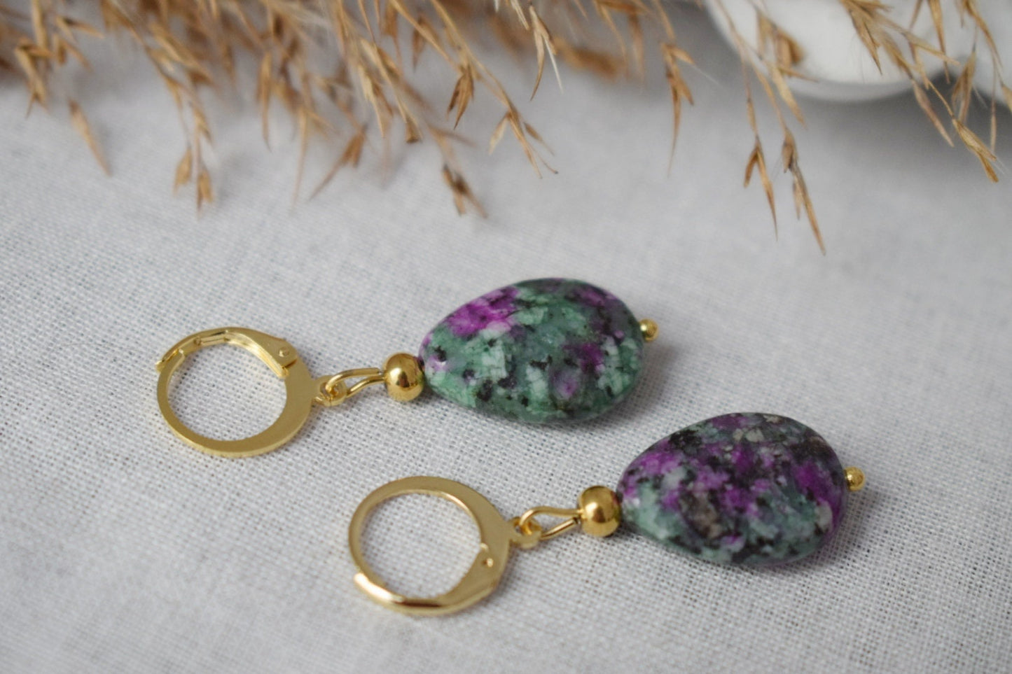 Ruby In Zoisite Earrings, Teardrop earrings beaded, Huggies, Dangle gemstone earrings, Stainless steel, Green, Pink, Ruby Fuchsite