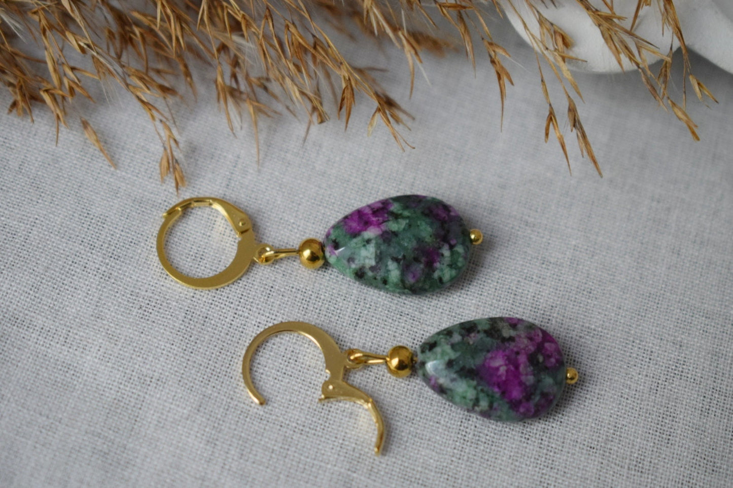 Ruby In Zoisite Earrings, Teardrop earrings beaded, Huggies, Dangle gemstone earrings, Stainless steel, Green, Pink, Ruby Fuchsite