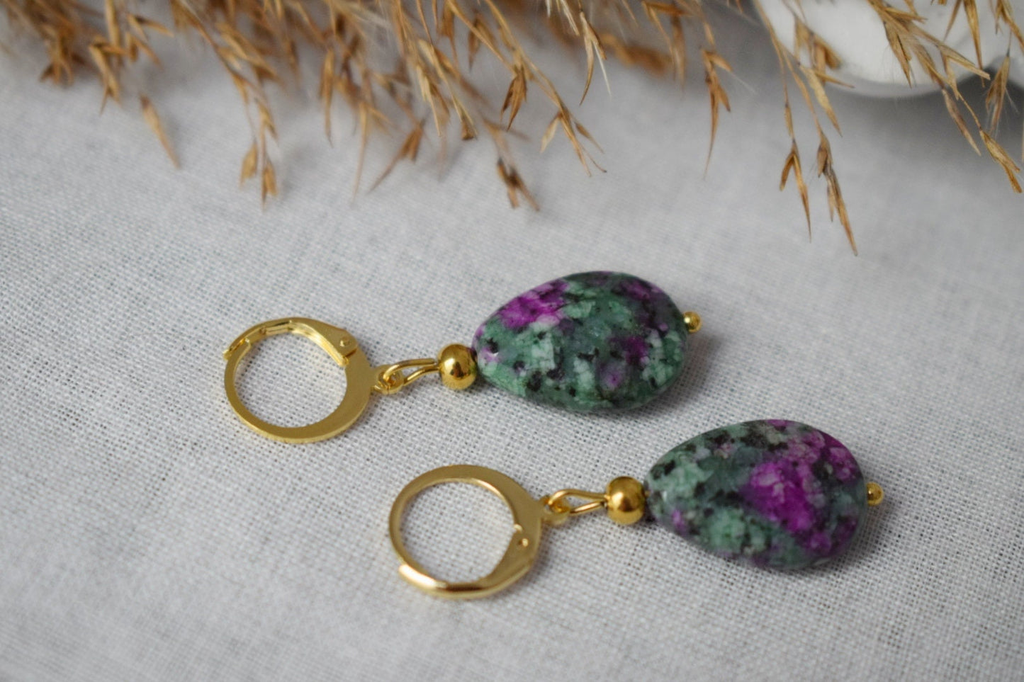 Ruby In Zoisite Earrings, Teardrop earrings beaded, Huggies, Dangle gemstone earrings, Stainless steel, Green, Pink, Ruby Fuchsite