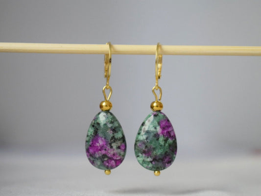 Ruby In Zoisite Earrings, Teardrop earrings beaded, Huggies, Dangle gemstone earrings, Stainless steel, Green, Pink, Ruby Fuchsite