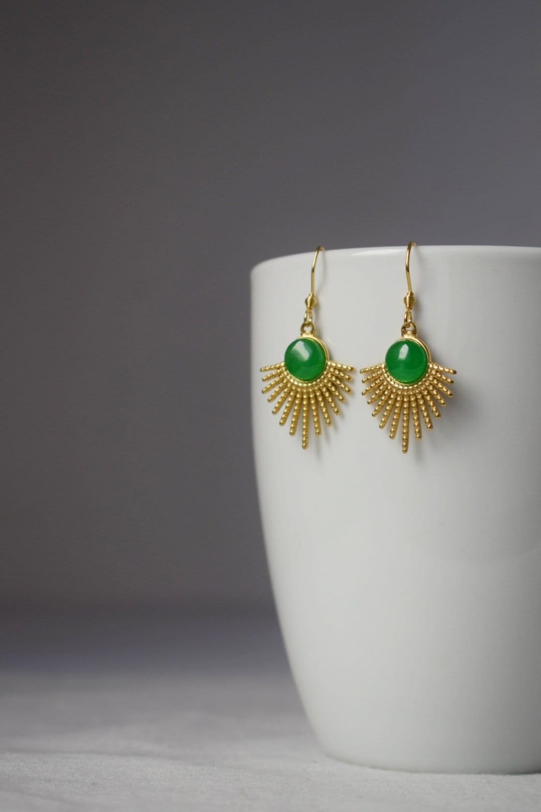 Green jade earrings gold, Sun rays dangling earrings, Sunburst, Green gemstone drop earrings, Celestial, Green jade jewelry, Gift for her