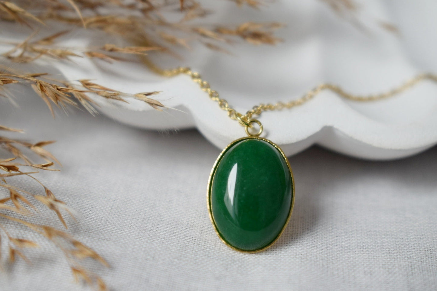 Green jade necklace gold for women, Oval pendant gemstone necklace, Statement necklace, Green stone pendant, Handmade jewelry gift for her