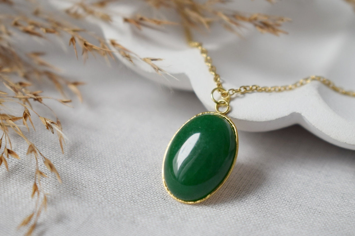 Green jade necklace gold for women, Oval pendant gemstone necklace, Statement necklace, Green stone pendant, Handmade jewelry gift for her