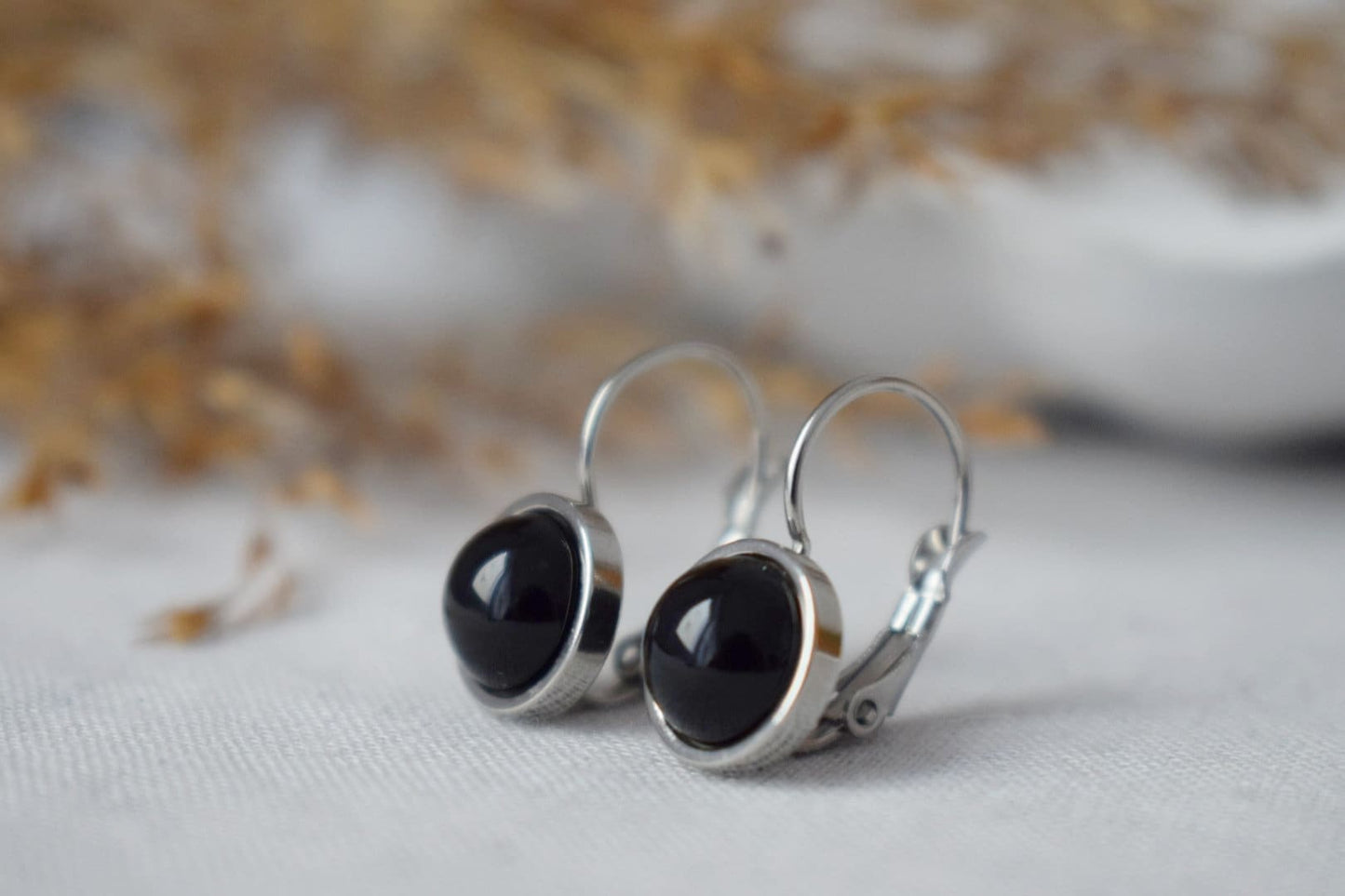 Black agate dangle earrings for women, Small gemstone earrings, Earrings 10mm, Lever back, Agate jewelry, Handmade jewelry gift for her
