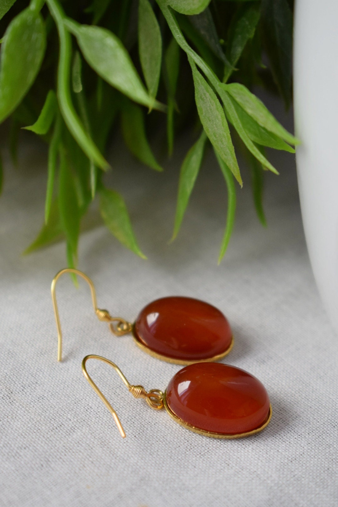 Red agate earrings, Oval gemstone pendant, Dangle earrings, Stainless steel, Birthstone, Rose gold plated jewelry, Gift for her