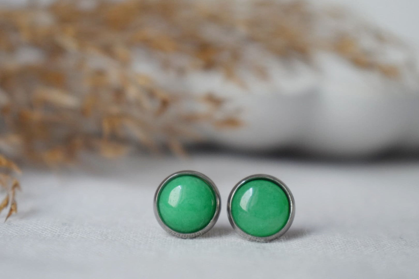 Green Jade Stud Earrings Silver, Minimalist, 8mm, 10mm, Positive Jewelry, Gemstone, Stud Earrings, Round, Birthday Anniversary Gift For Her
