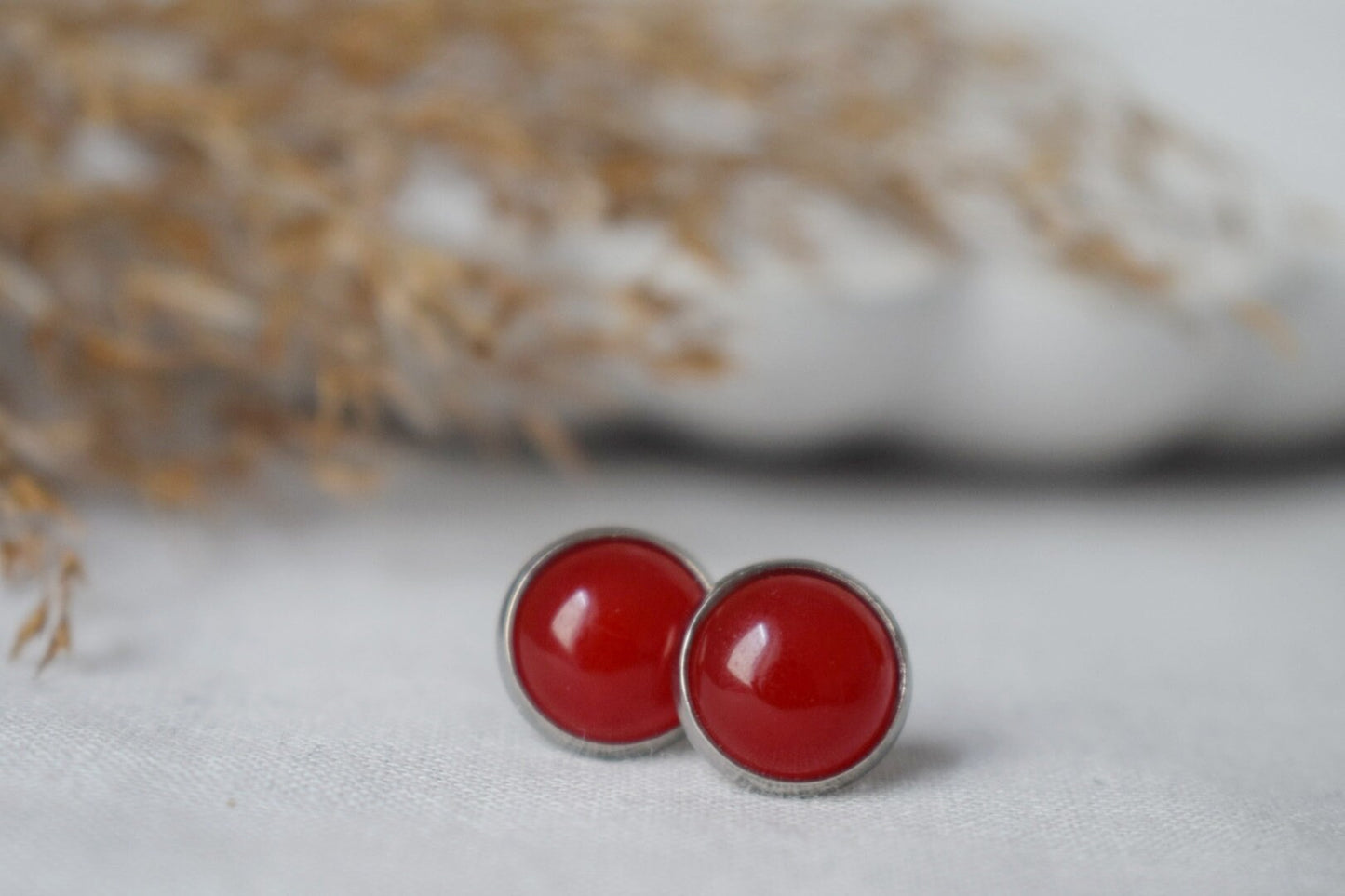 Red jade stud earrings, Small gemstone earrings, 10mm Red stone earrings, Round studs, Jade jewelry, Push-back, Gift for her