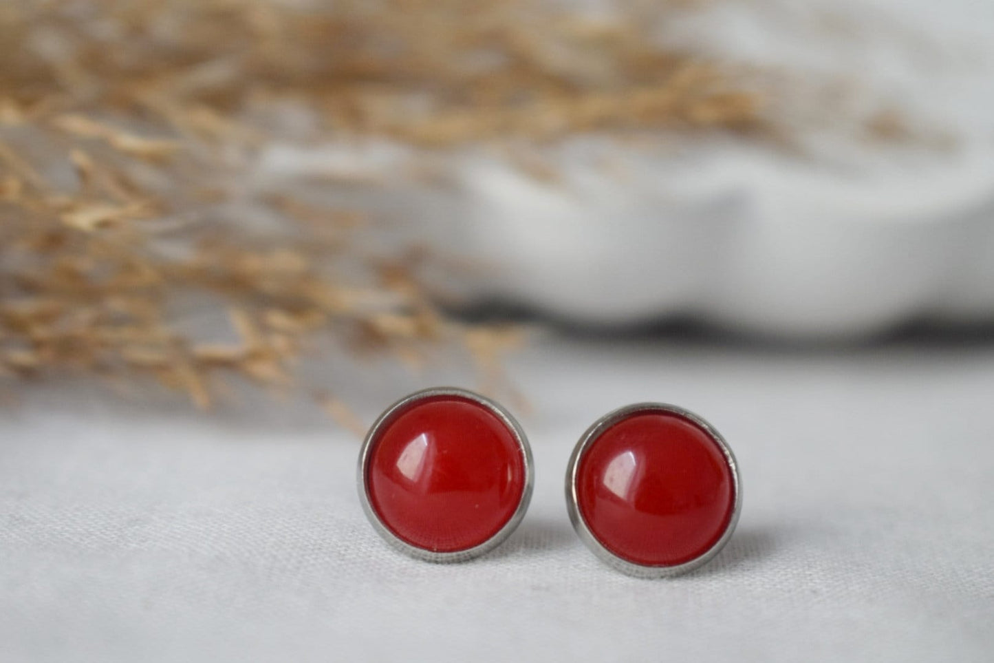 Red jade stud earrings, Small gemstone earrings, 10mm Red stone earrings, Round studs, Jade jewelry, Push-back, Gift for her