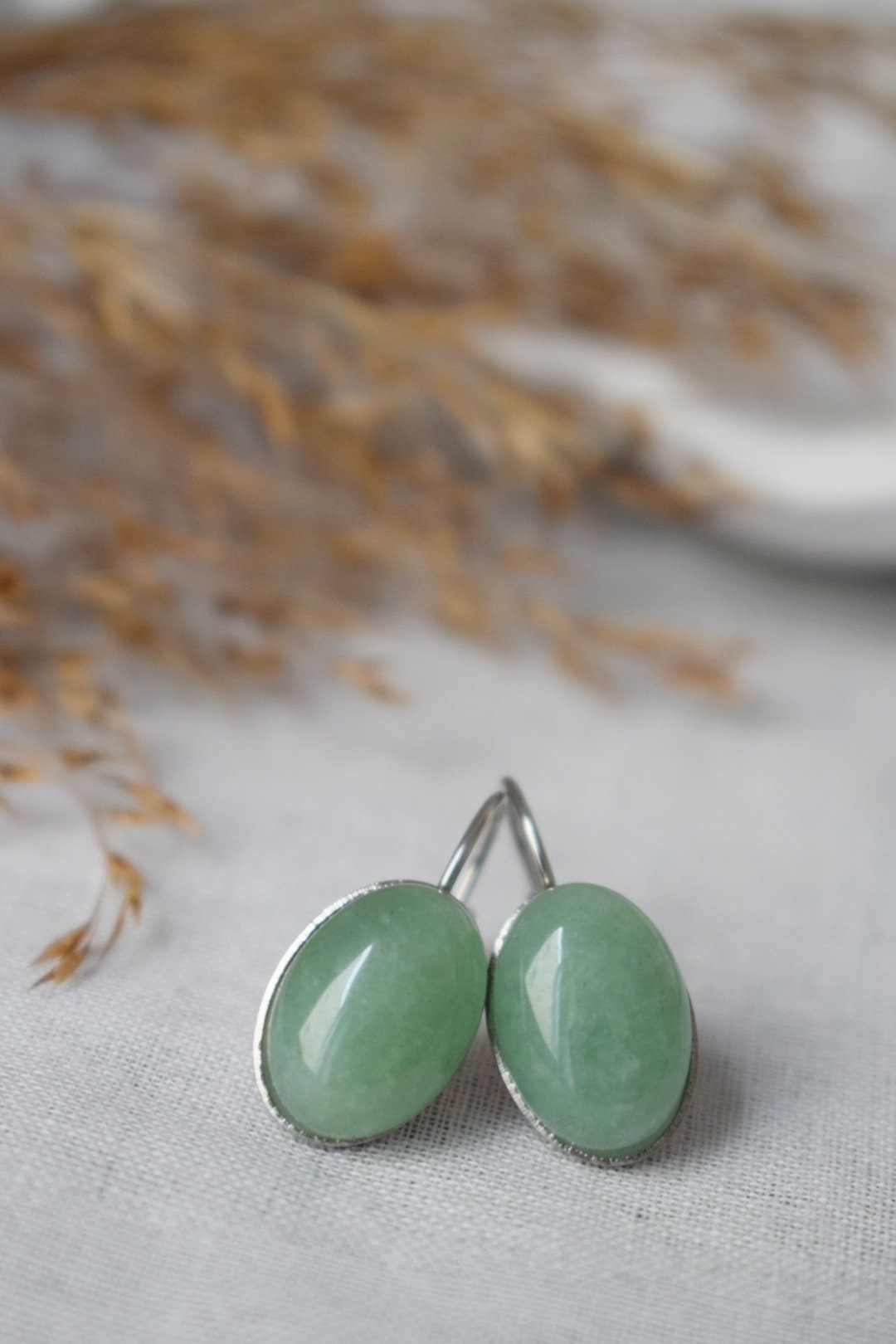 Green aventurine dangle earrings, Oval gemstone lever back earrings, Stone leverback earrings, Stainless steel, Chakra jewelry, Gift for her