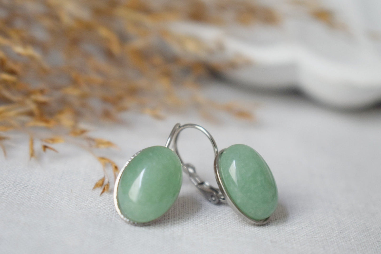 Green aventurine dangle earrings, Oval gemstone lever back earrings, Stone leverback earrings, Stainless steel, Chakra jewelry, Gift for her