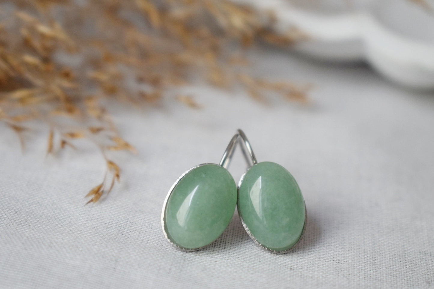 Green aventurine dangle earrings, Oval gemstone lever back earrings, Stone leverback earrings, Stainless steel, Chakra jewelry, Gift for her