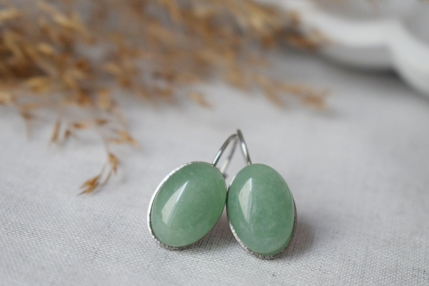 Green aventurine dangle earrings, Oval gemstone lever back earrings, Stone leverback earrings, Stainless steel, Chakra jewelry, Gift for her