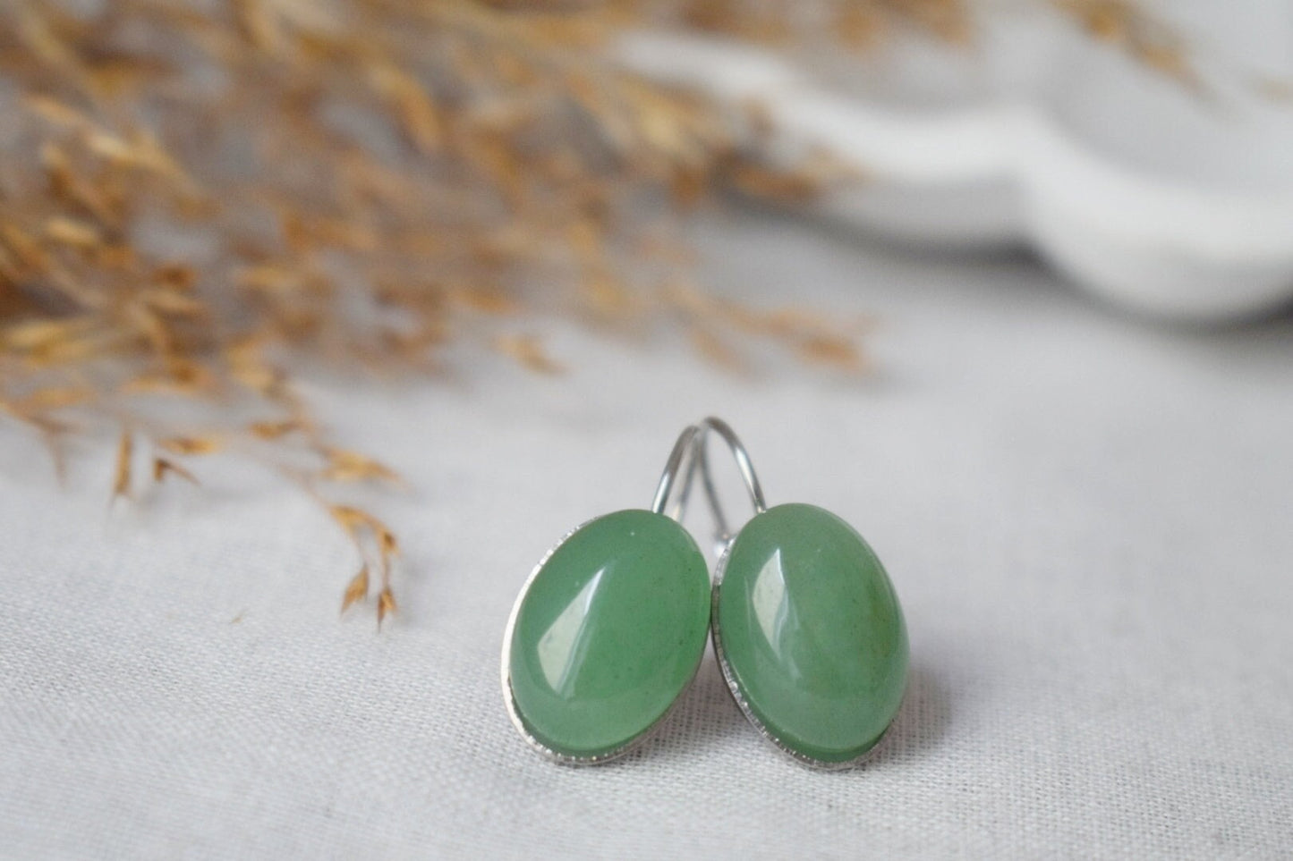 Green aventurine dangle earrings, Oval gemstone lever back earrings, Stone leverback earrings, Stainless steel, Chakra jewelry, Gift for her