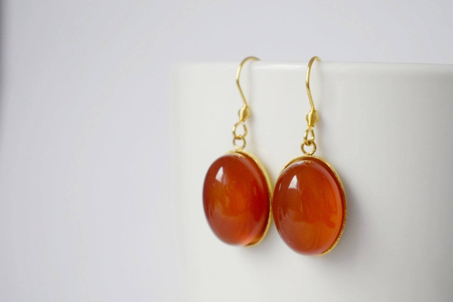 Red agate earrings, Oval gemstone pendant, Dangle earrings, Stainless steel, Birthstone, Rose gold plated jewelry, Gift for her