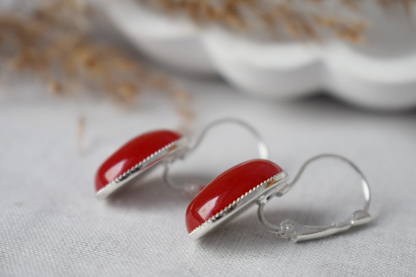 Oval red jade earrings, Gemstone dangle earrings, Red stone hanging earrings, Leverback earrings, Jade jewelry women, Gift for her
