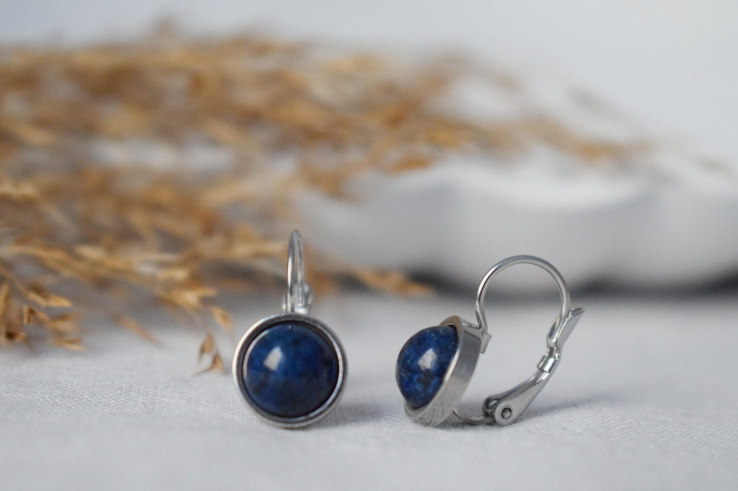 Small Lapis Lazuli Earrings Dangle, Blue Gemstone Earrings, 10mm Lever back earrings, Round Stone, September Birthstone Jewelry, Gift