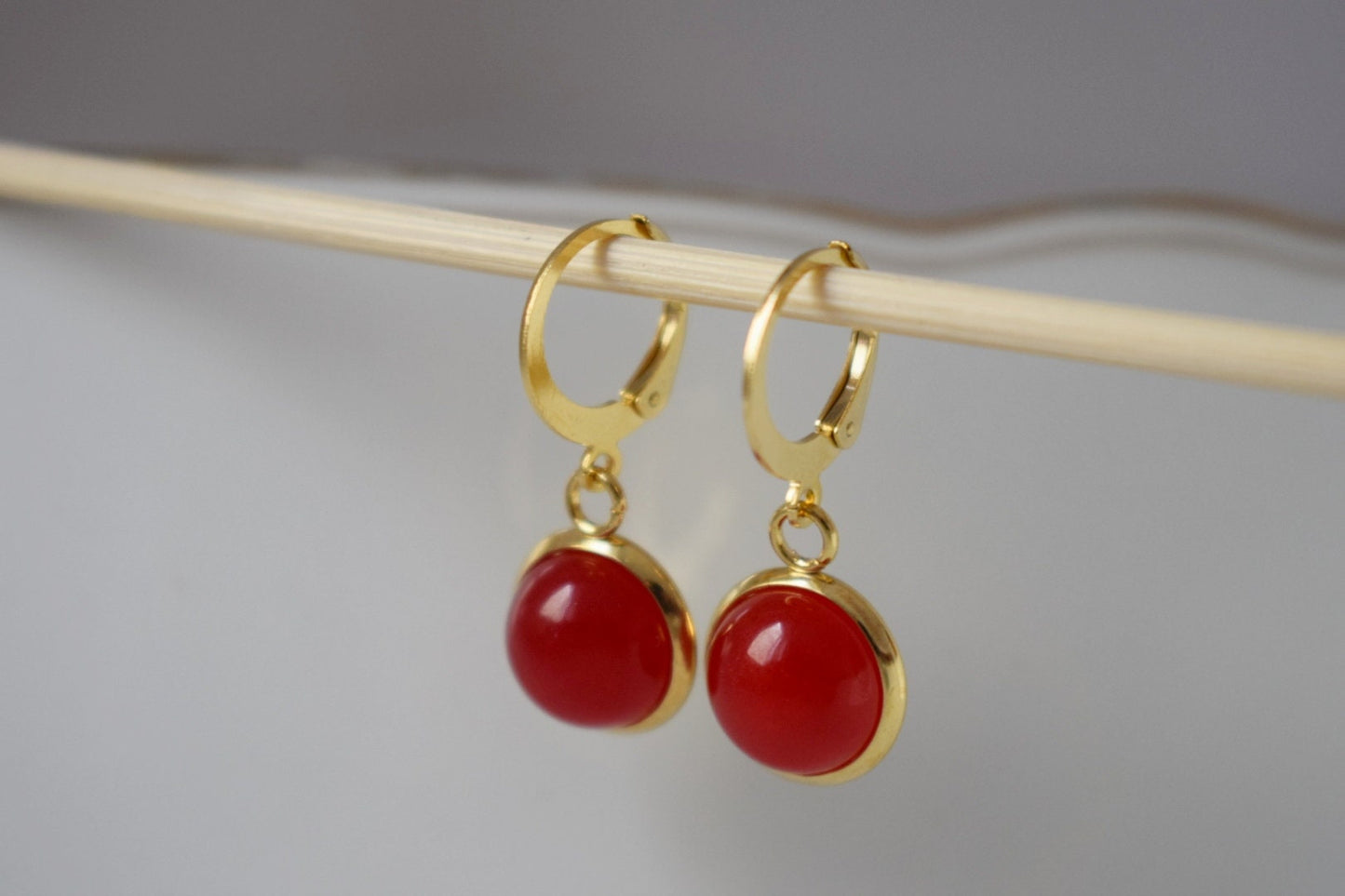 Red jade earrings, Small gemstone pendant huggie earrings, Lever back, 10mm, Red stone hoop earrings, Red, Jade jewelry, Gift for women