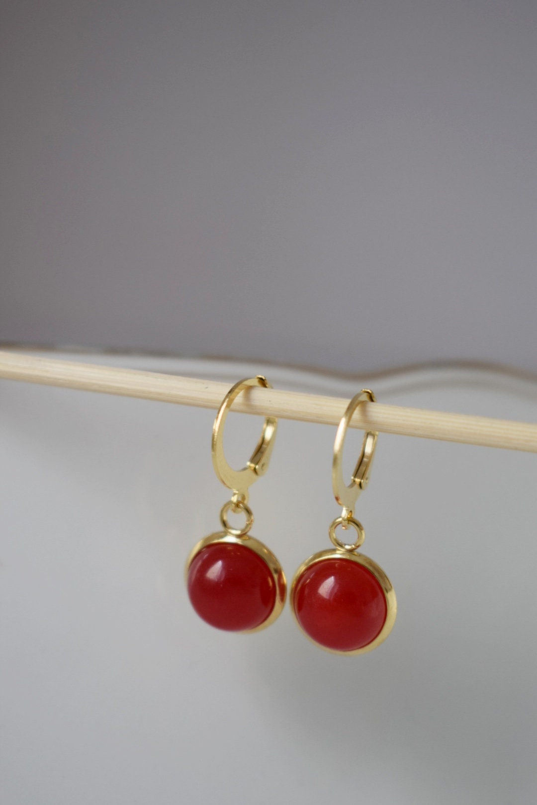 Red jade earrings, Small gemstone pendant huggie earrings, Lever back, 10mm, Red stone hoop earrings, Red, Jade jewelry, Gift for women