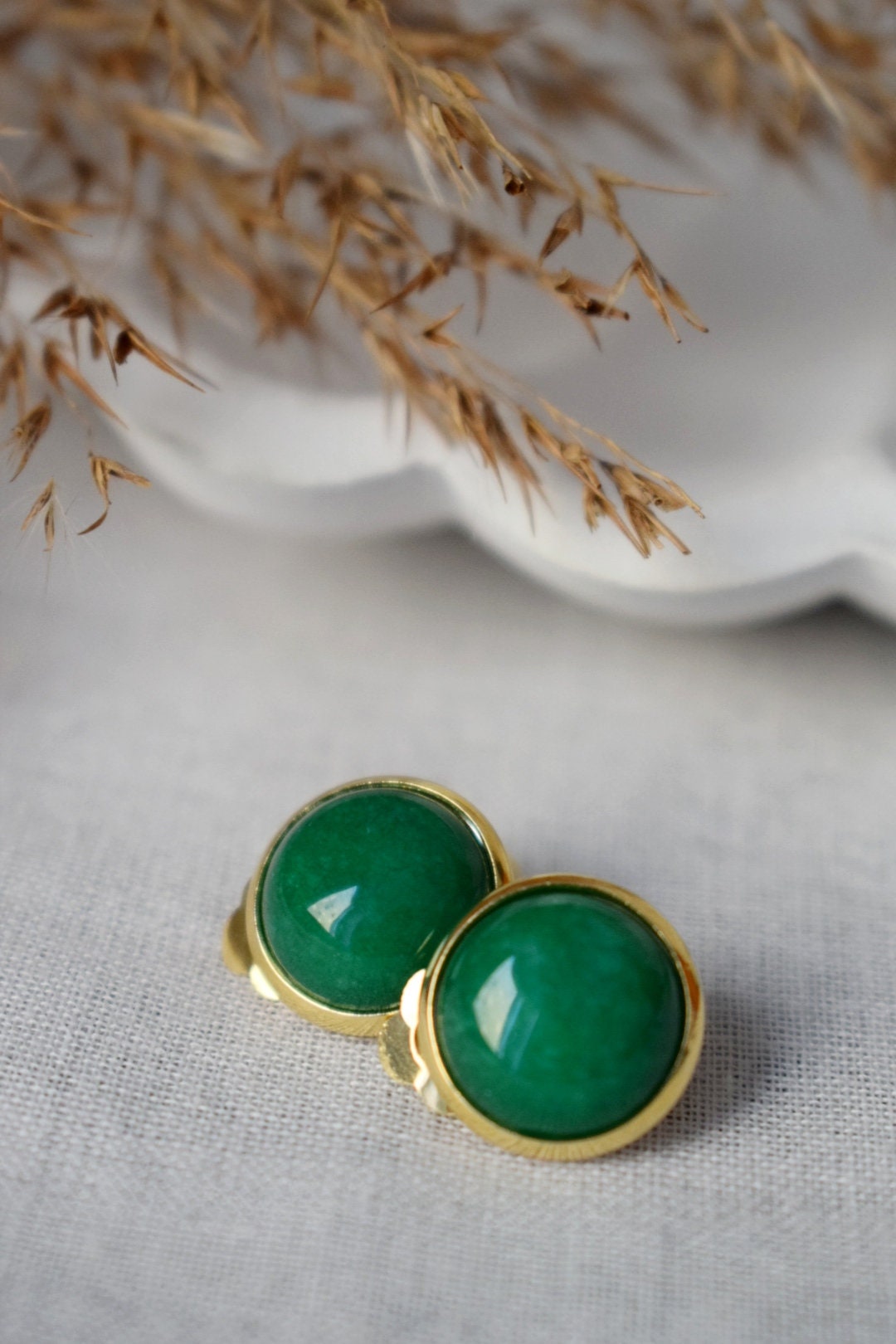 Green jade clip on earrings gold, Ear clips, Green gold clip on earrings, Women clip on earrings, Gemstone clips, Birthday gift ideas