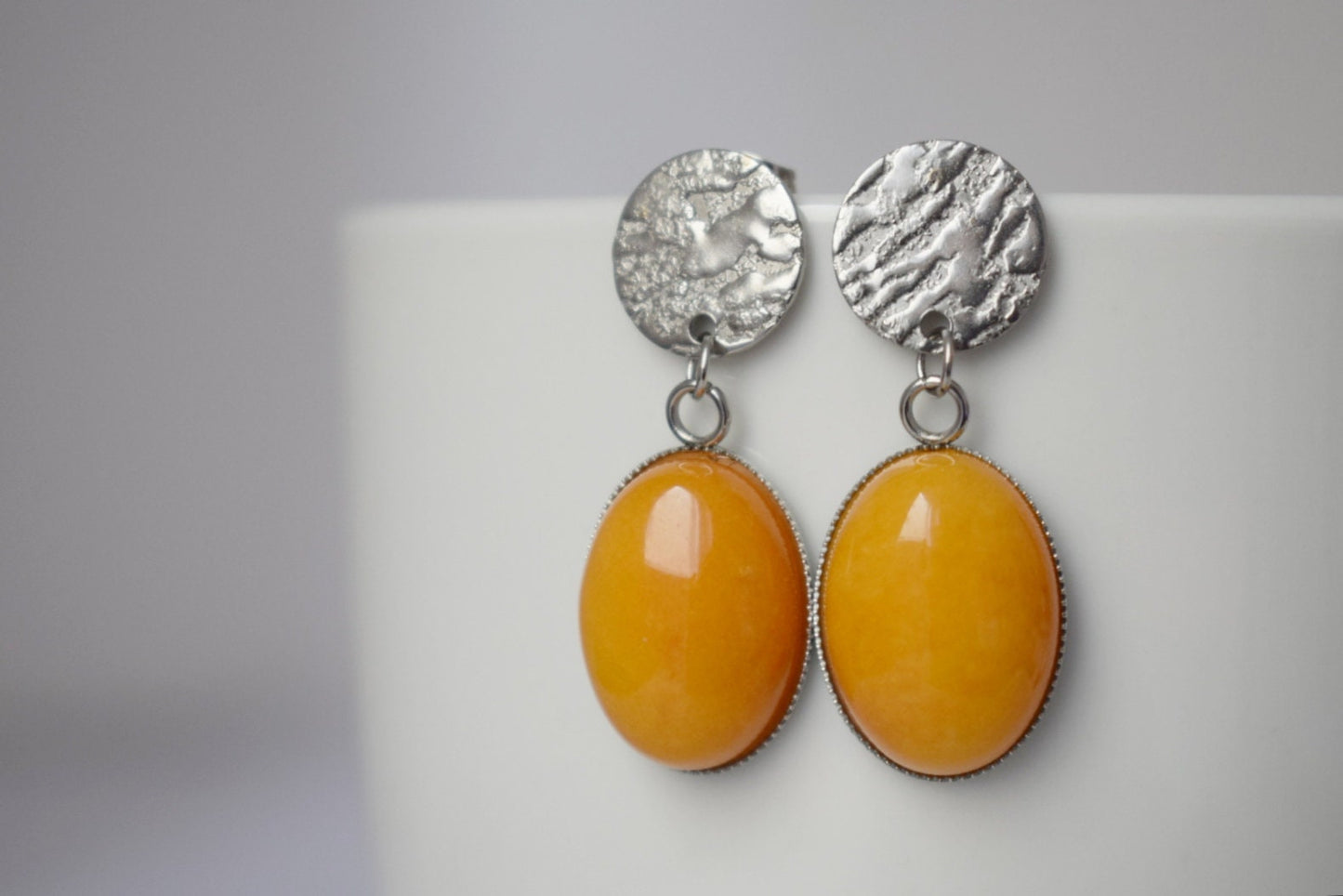 Yellow jade stud earrings, Oval gemstone hanging earrings, Yellow silver earrings, Stainless steel, Statement earrings, Jewelry gift for her
