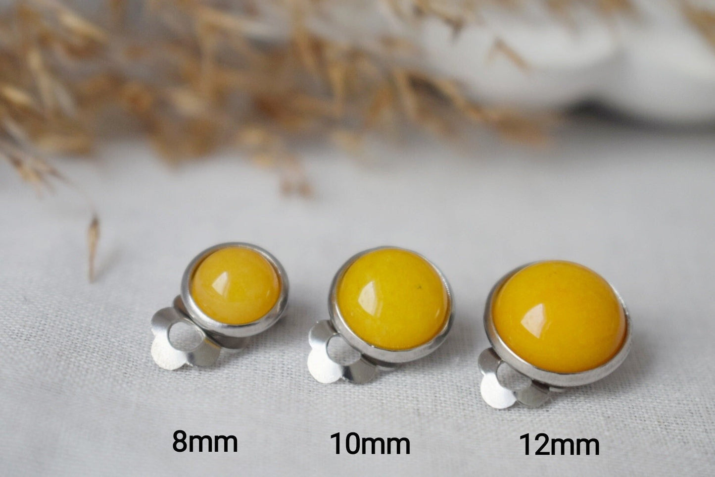 Clip on earrings yellow jade, Gemstone ear clips, Stone, Yellow silver colour, 10mm, round stainless steel clip on earrings Women, No hole earrings, Christmas gift