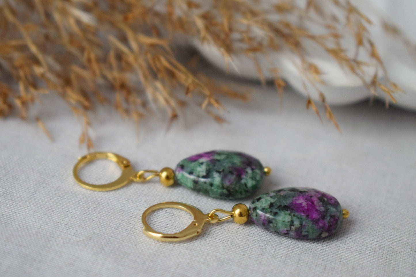 Ruby In Zoisite Earrings, Teardrop earrings beaded, Huggies, Dangle gemstone earrings, Stainless steel, Green, Pink, Ruby Fuchsite