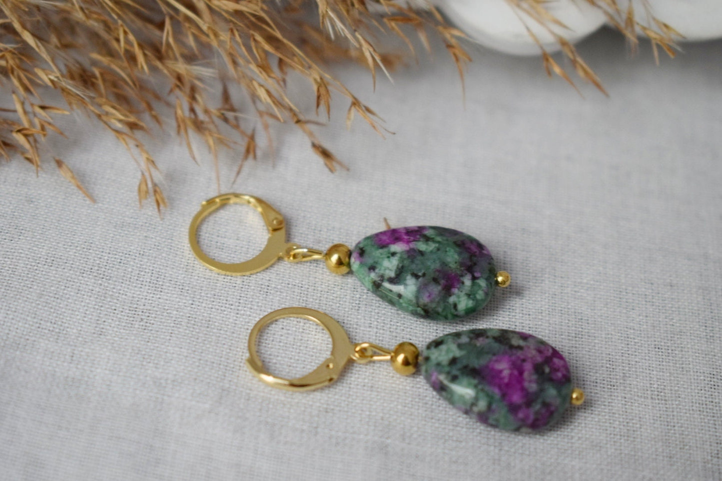 Ruby In Zoisite Earrings, Teardrop earrings beaded, Huggies, Dangle gemstone earrings, Stainless steel, Green, Pink, Ruby Fuchsite