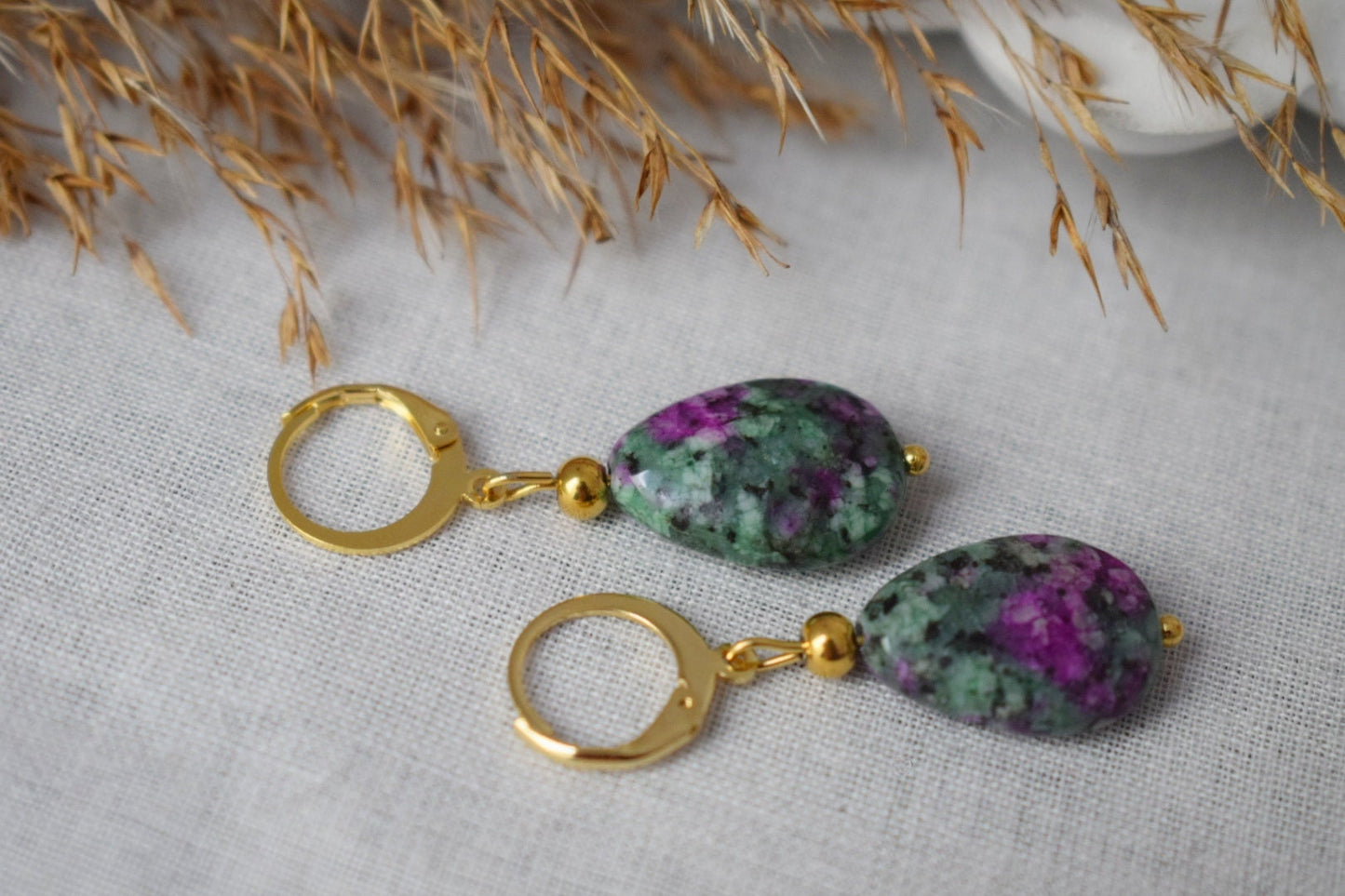 Ruby In Zoisite Earrings, Teardrop earrings beaded, Huggies, Dangle gemstone earrings, Stainless steel, Green, Pink, Ruby Fuchsite