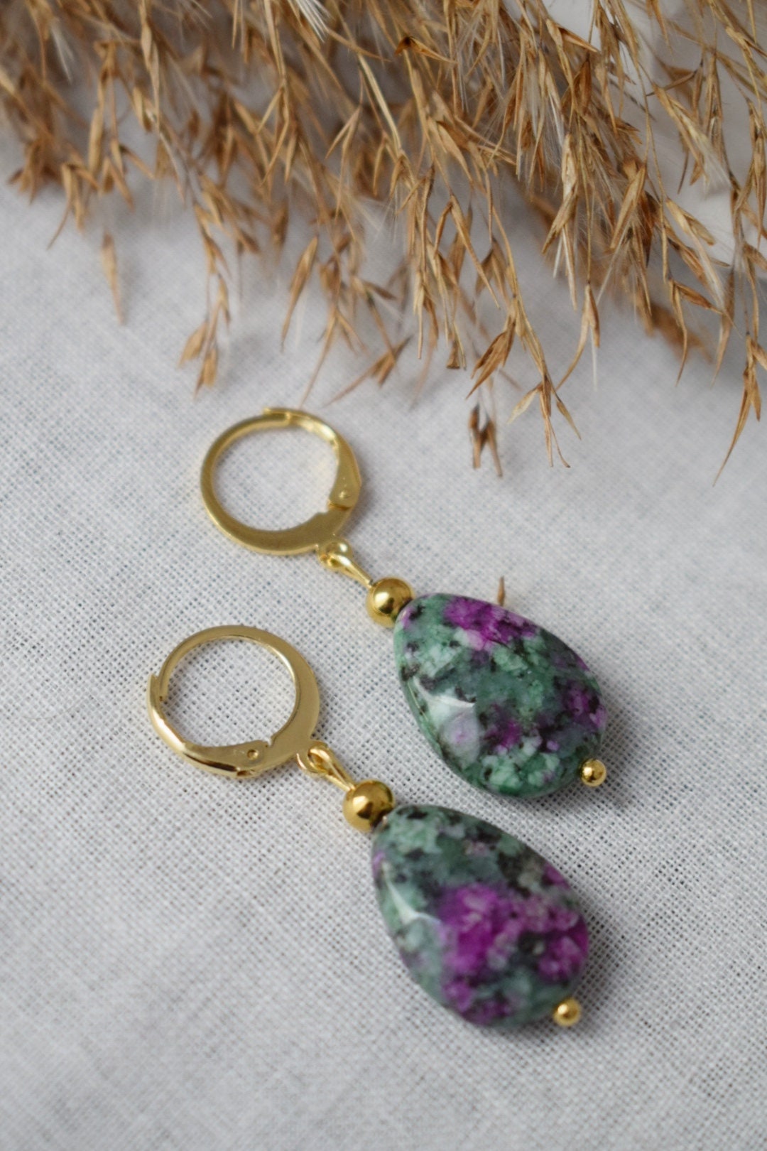 Ruby In Zoisite Earrings, Teardrop earrings beaded, Huggies, Dangle gemstone earrings, Stainless steel, Green, Pink, Ruby Fuchsite