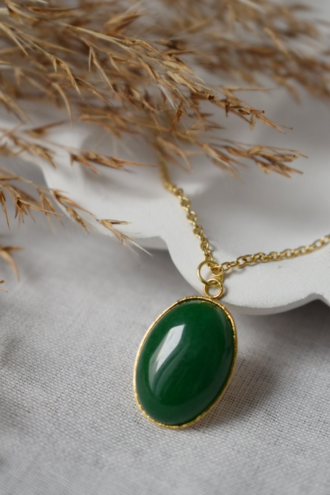 Green jade necklace gold for women, Oval pendant gemstone necklace, Statement necklace, Green stone pendant, Handmade jewelry gift for her