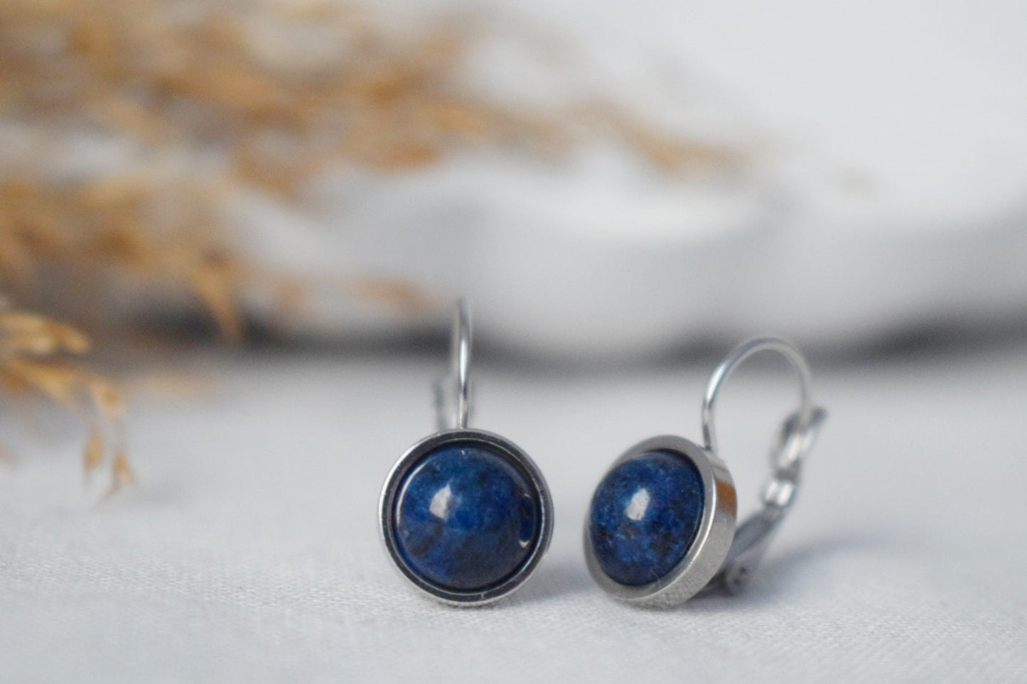 Small Lapis Lazuli Earrings Dangle, Blue Lapis Gemstone Earrings, 8mm Round Stone Lever Back Earrings, September Birthstone Jewelry Gift