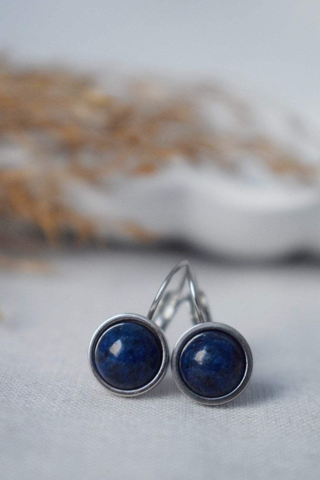 Small Lapis Lazuli Earrings Dangle, Blue Lapis Gemstone Earrings, 8mm Round Stone Lever Back Earrings, September Birthstone Jewelry Gift