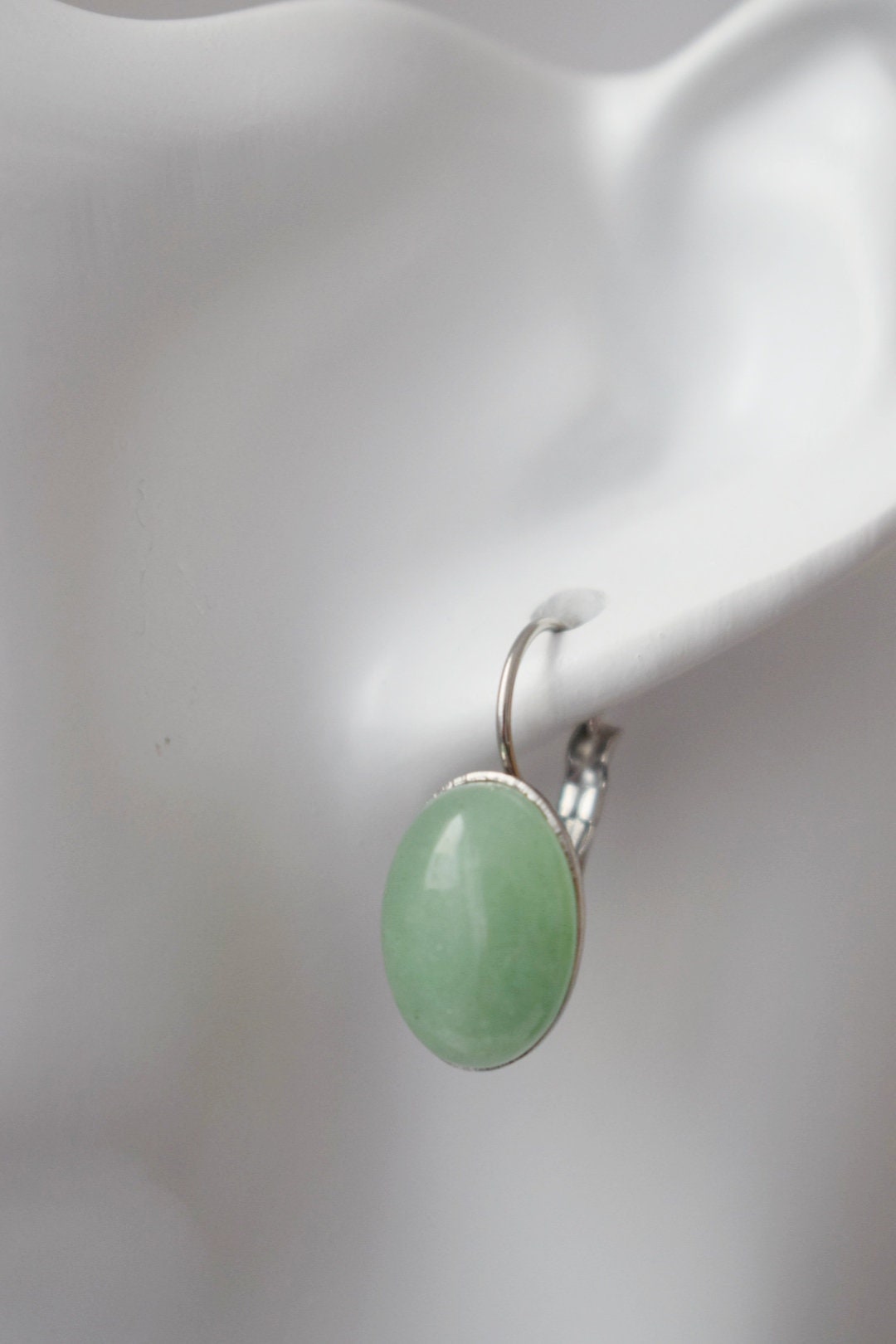 Green aventurine dangle earrings, Oval gemstone lever back earrings, Stone leverback earrings, Stainless steel, Chakra jewelry, Gift for her