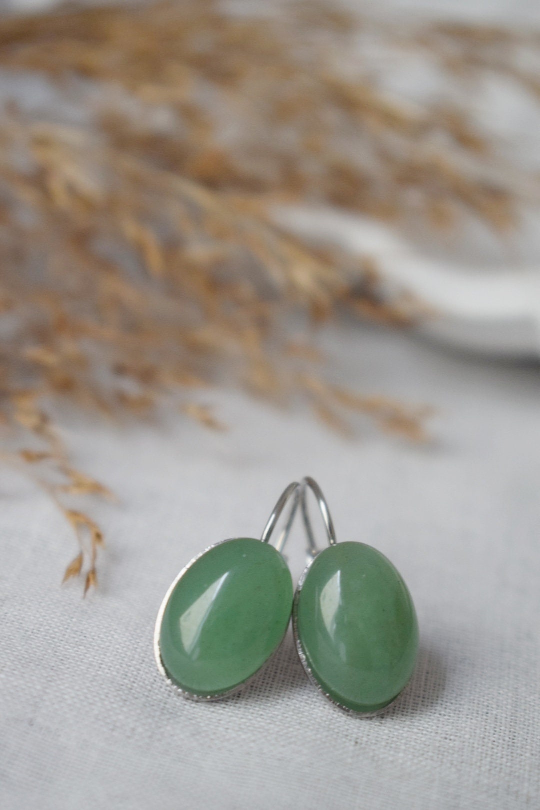 Green aventurine dangle earrings, Oval gemstone lever back earrings, Stone leverback earrings, Stainless steel, Chakra jewelry, Gift for her
