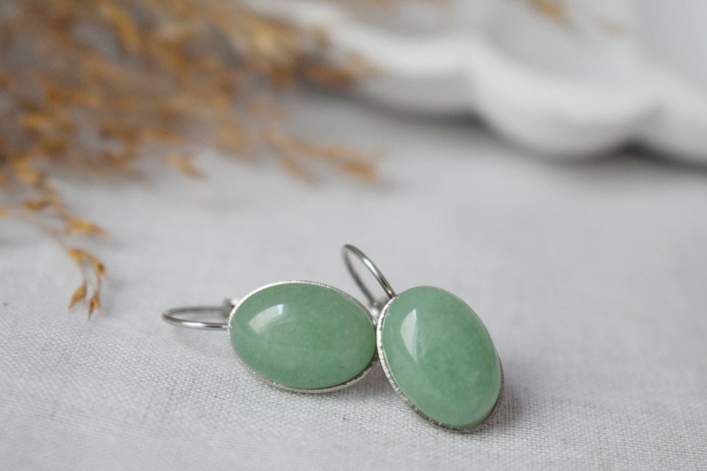 Green aventurine dangle earrings, Oval gemstone lever back earrings, Stone leverback earrings, Stainless steel, Chakra jewelry, Gift for her