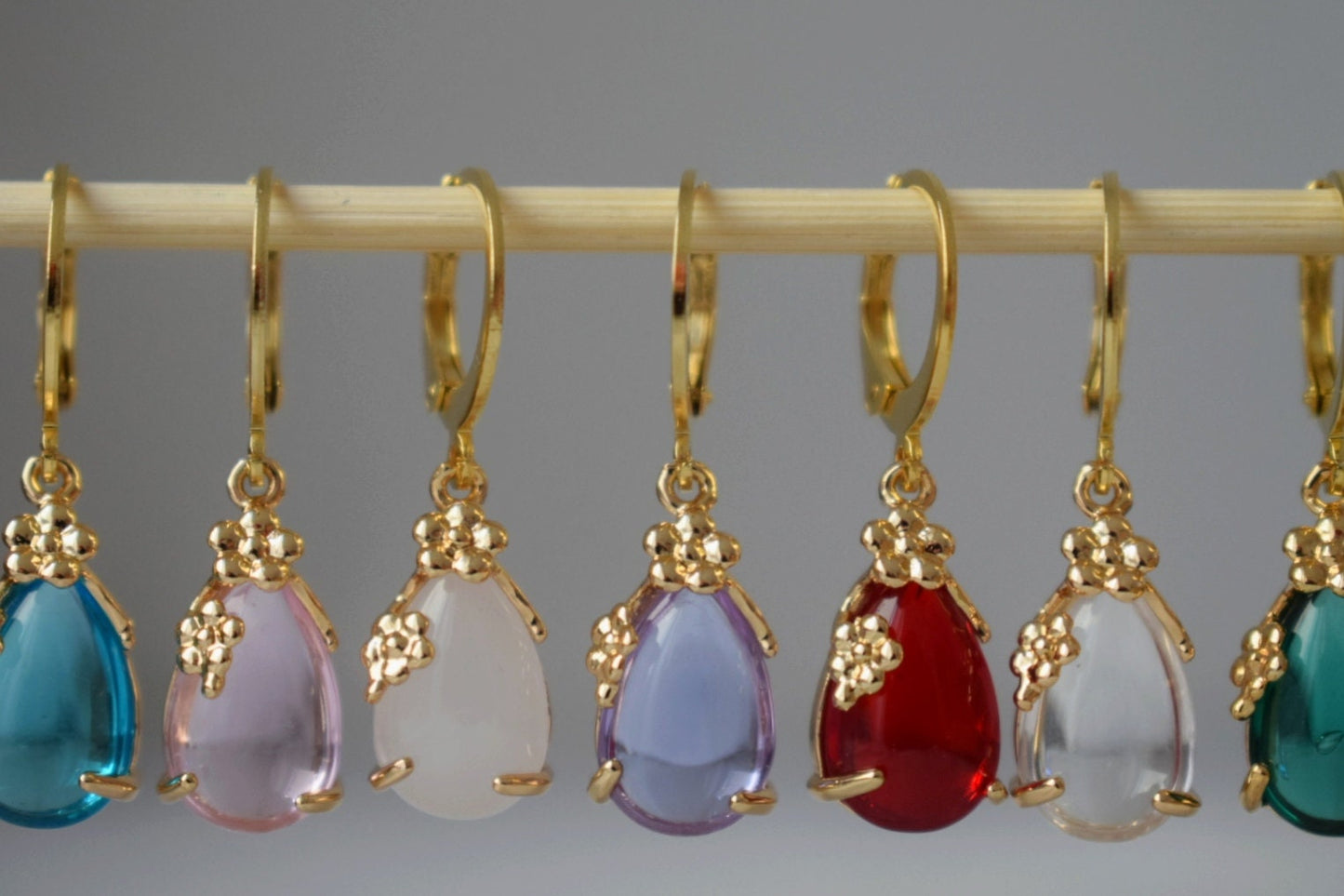 Sky blue rhinestone teardrop earrings with 24k gold plated stainless steel huggie hoops, Minimalist ornament jewelry