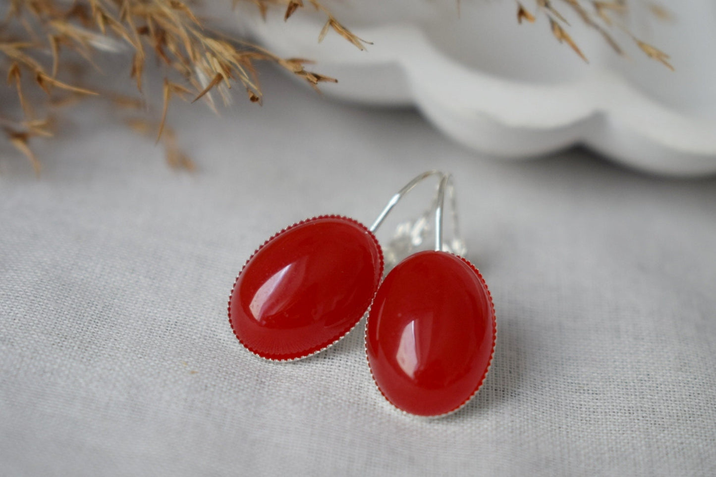 Oval red jade earrings, Gemstone dangle earrings, Red stone hanging earrings, Leverback earrings, Jade jewelry women, Gift for her