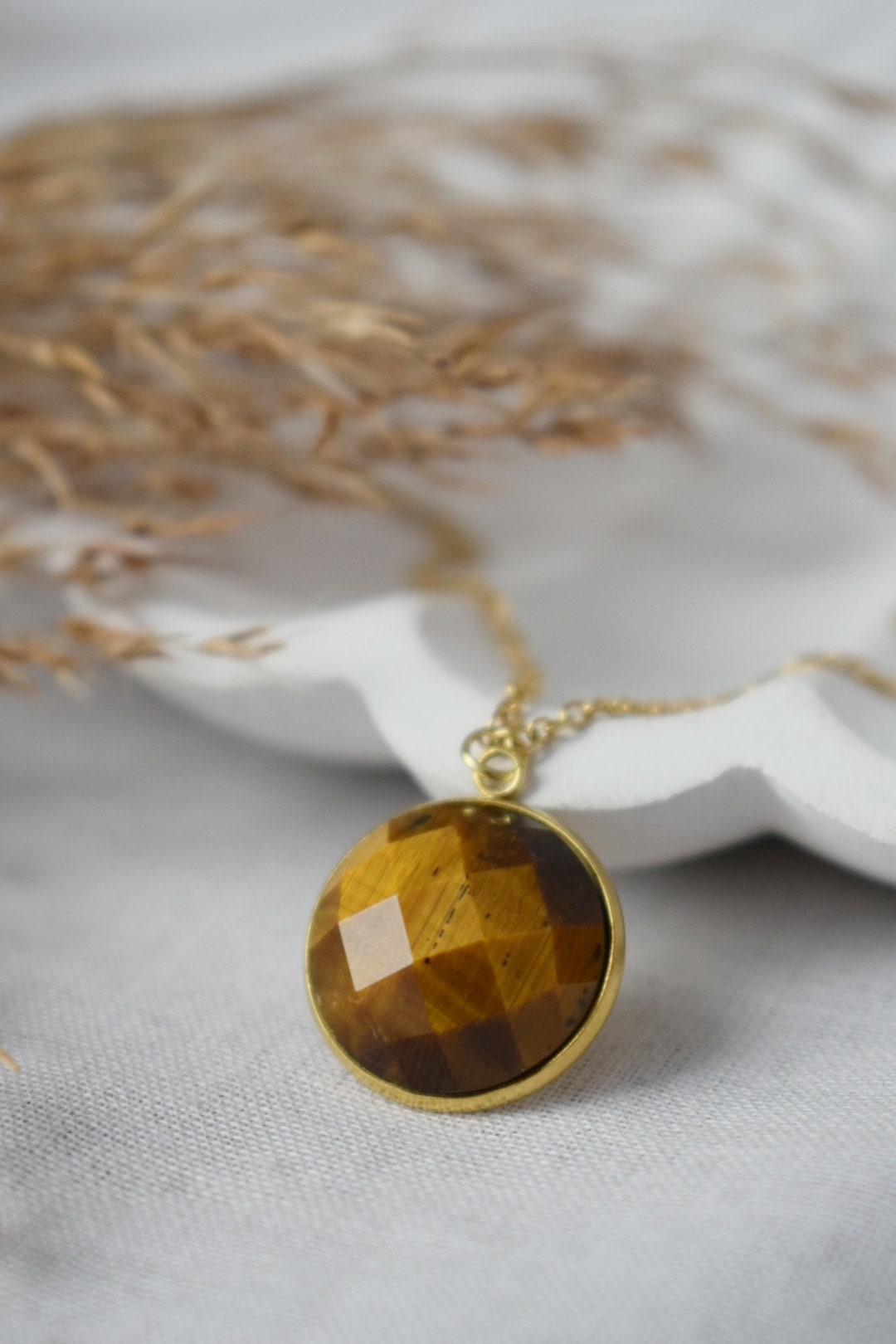 Tiger eye necklace for women, Faceted gemstone necklace, Tigers eye jewelry, Round stone necklace, Gold plated stainless steel, Gift for her
