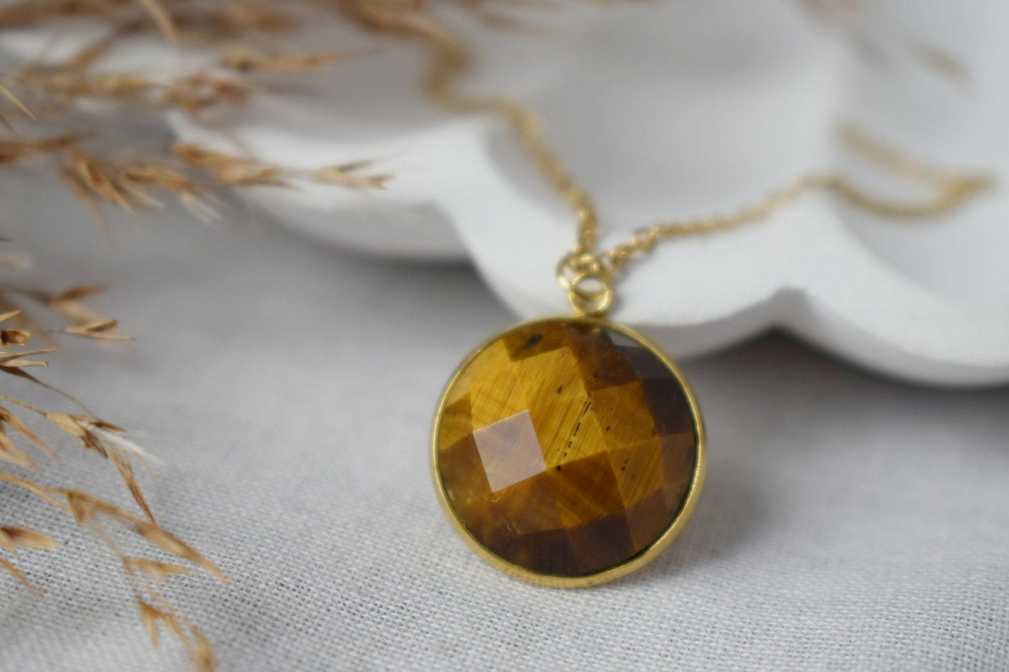 Tiger eye necklace for women, Faceted gemstone necklace, Tigers eye jewelry, Round stone necklace, Gold plated stainless steel, Gift for her