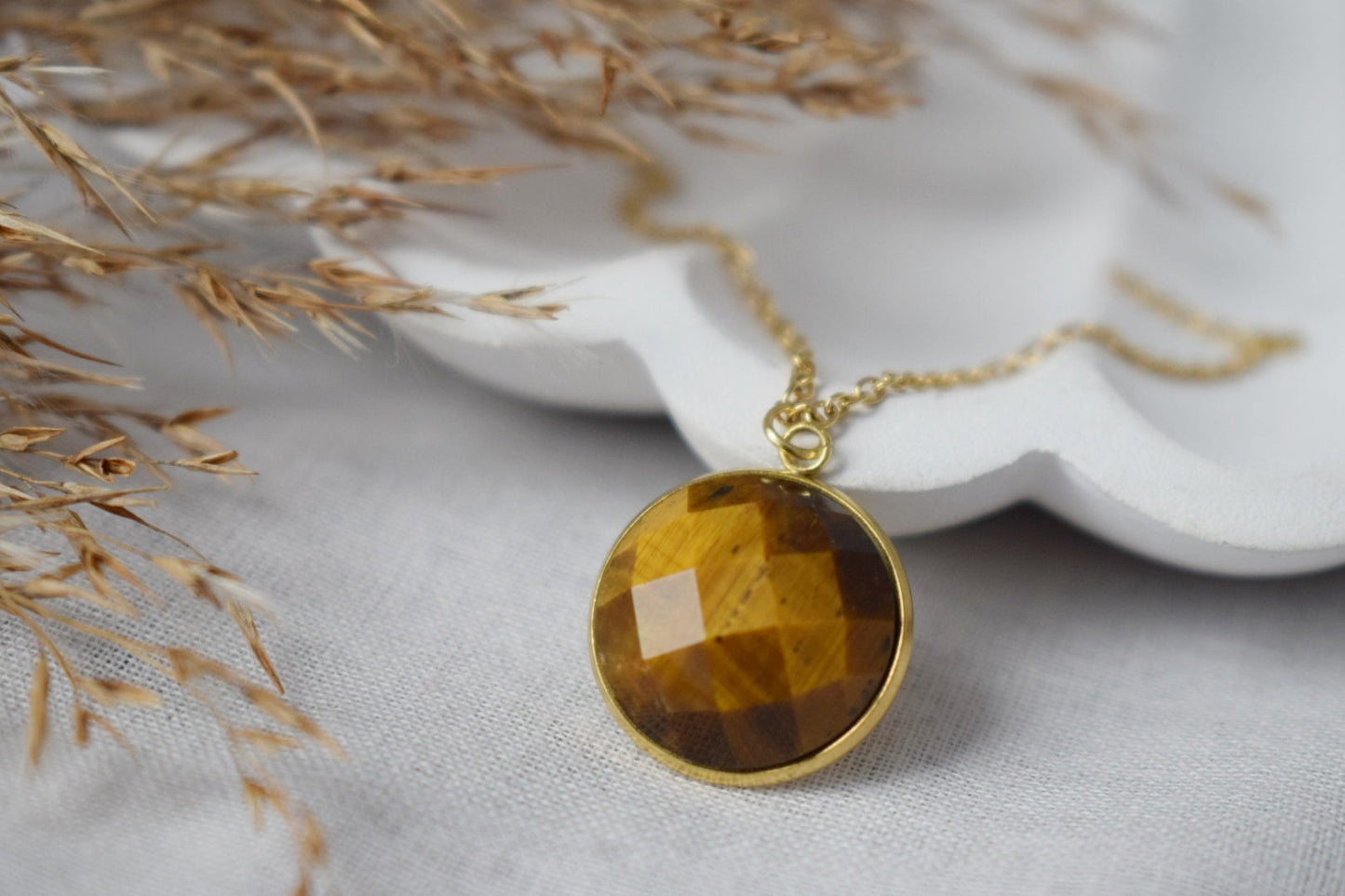 Tiger eye necklace for women, Faceted gemstone necklace, Tigers eye jewelry, Round stone necklace, Gold plated stainless steel, Gift for her