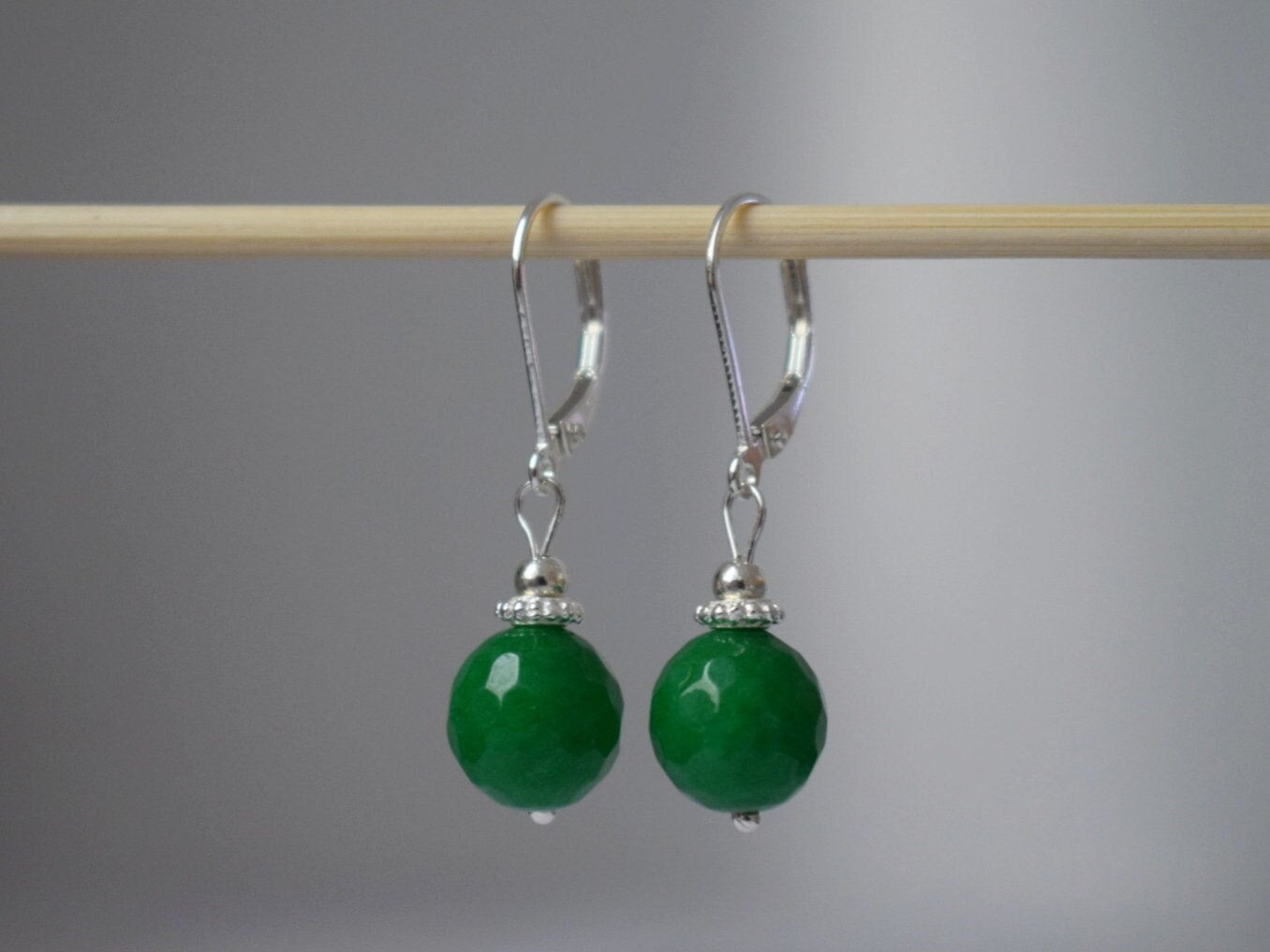 Green jade dangle huggie earrings, 925 sterling silver gemstone earrings, Green faceted stone boho earrings, Handmade jewelry gift her