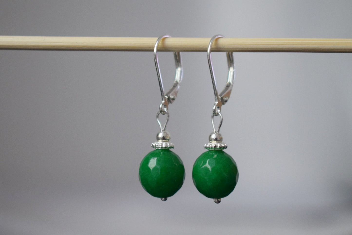Green jade dangle huggie earrings, 925 sterling silver gemstone earrings, Green faceted stone boho earrings, Handmade jewelry gift her