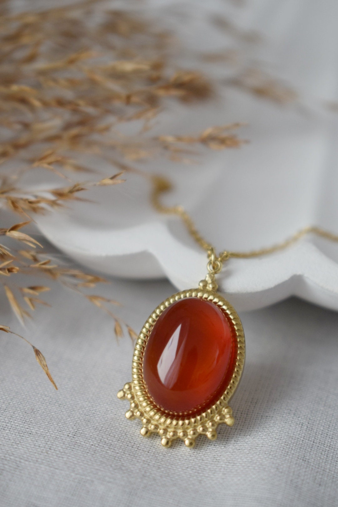 Red Agate Necklace Gold, Oval Gemstone Victorian Necklace For Women, Unique Pendant, Stone Statement Necklace, Agate Jewelry, Gift For Her