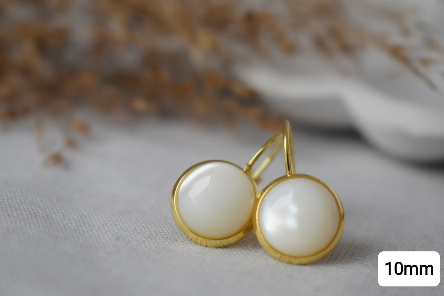 Mother of pearl earrings dangle, Gold and pearl earrings, Cabochon, 10mm, Lever back earrings, Bridesmaid, Wedding earrings, Gift for women