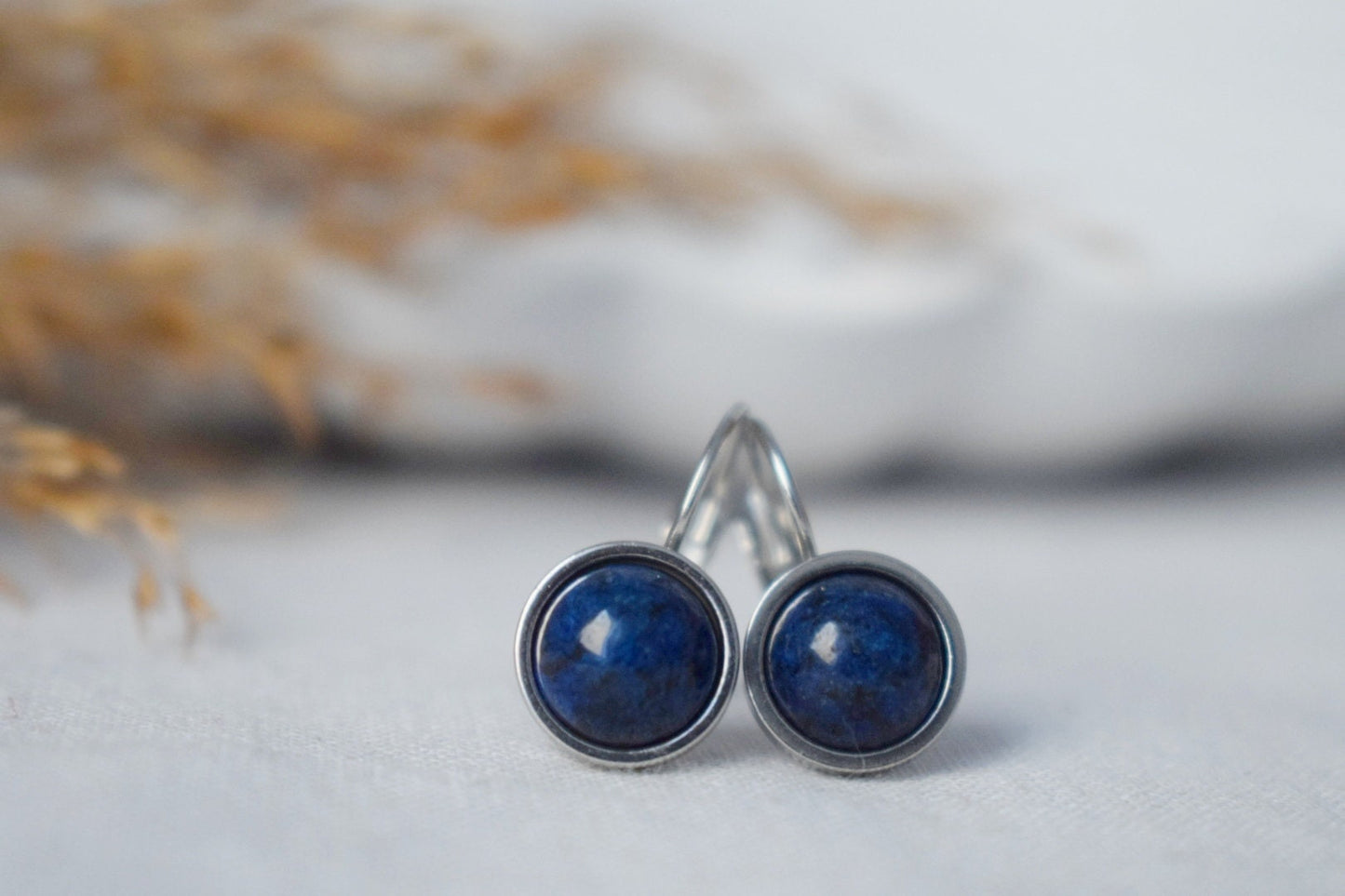 Small Lapis Lazuli Earrings Dangle, Blue Lapis Gemstone Earrings, 8mm Round Stone Lever Back Earrings, September Birthstone Jewelry Gift