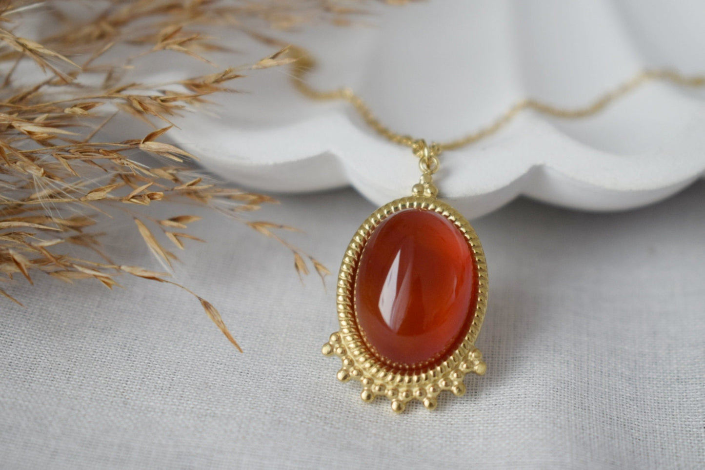 Red Agate Necklace Gold, Oval Gemstone Victorian Necklace For Women, Unique Pendant, Stone Statement Necklace, Agate Jewelry, Gift For Her