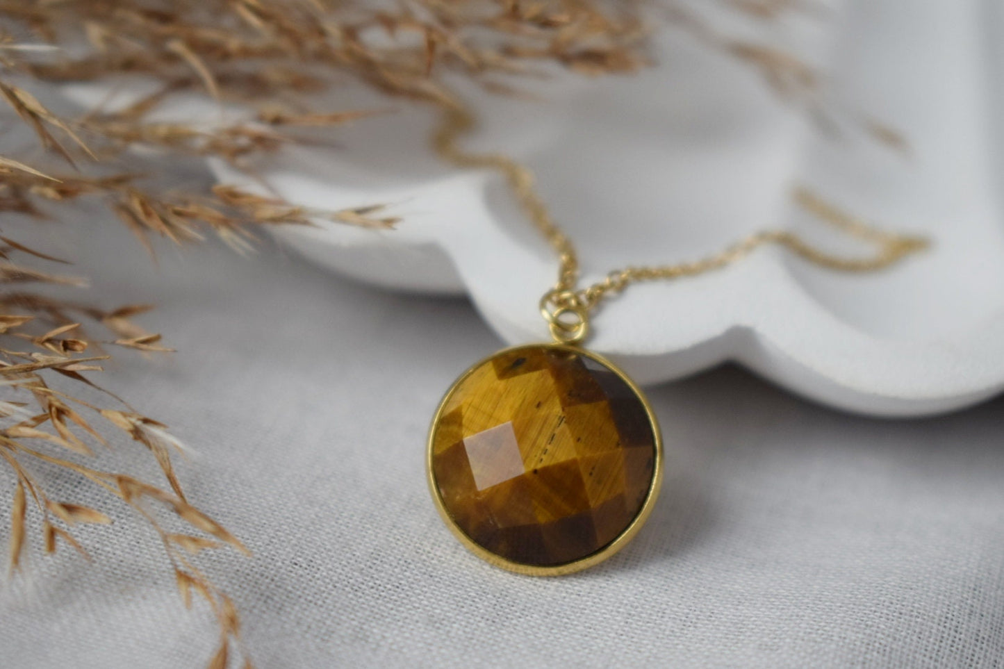 Tiger eye necklace for women, Faceted gemstone necklace, Tigers eye jewelry, Round stone necklace, Gold plated stainless steel, Gift for her
