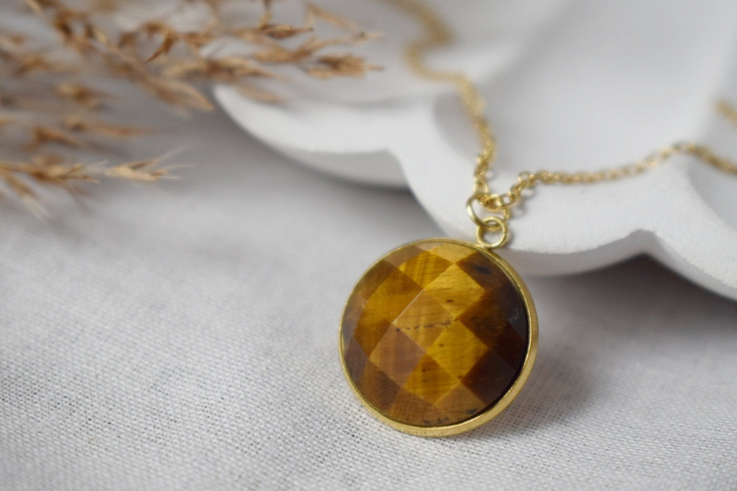 Tiger eye necklace for women, Faceted gemstone necklace, Tigers eye jewelry, Round stone necklace, Gold plated stainless steel, Gift for her
